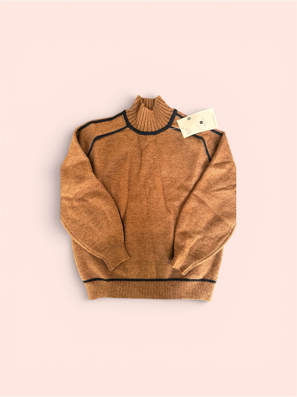 Cozy Tan Contrast-Trim Turtleneck Sweater - Unbranded